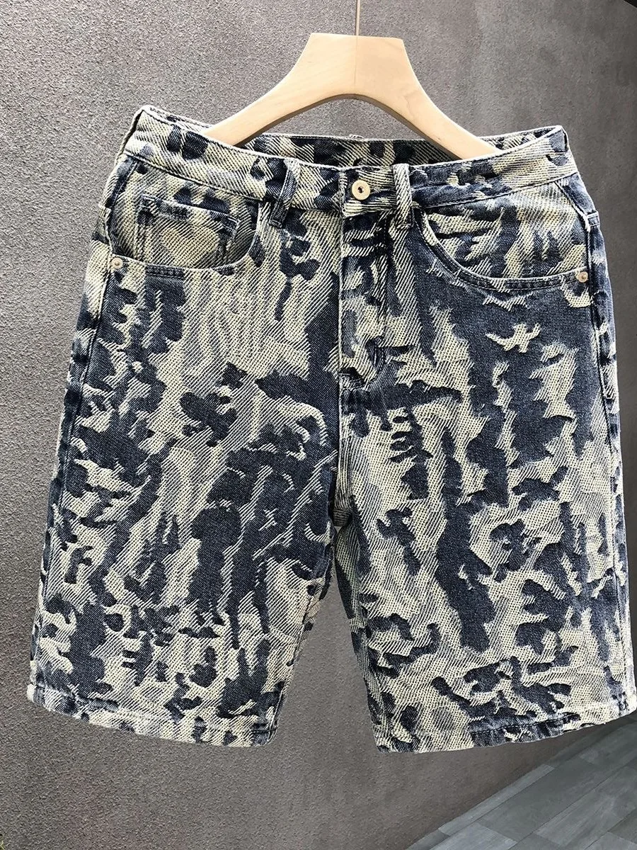 Fashionable Straight Leg Floral Embroidery Denim Shorts Men's Summer New Style Trendy Youth Casual Straight Tube Five-Pointed...