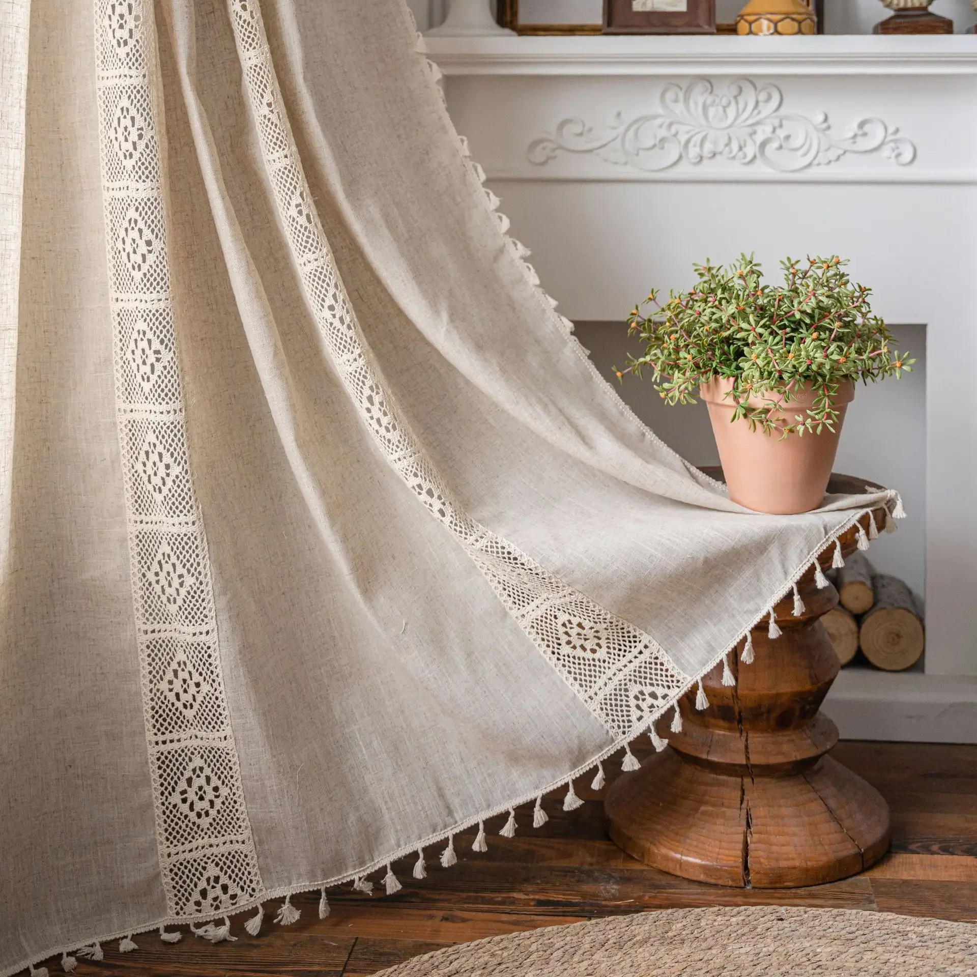 1 Panels Boho Curtains Semi-Blackout Windows Curtains with Tassels Cotton Linen Curtains Panels for Bedroom Living Room