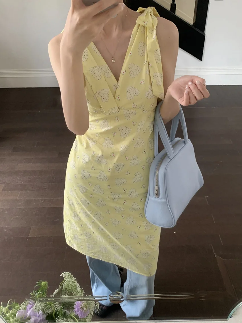 

Alien Kitty Sweet Florals Dress Women Printed Slim New V-Neck 2025 OL Summer Holiday Casual High Street Gentle Close Waist