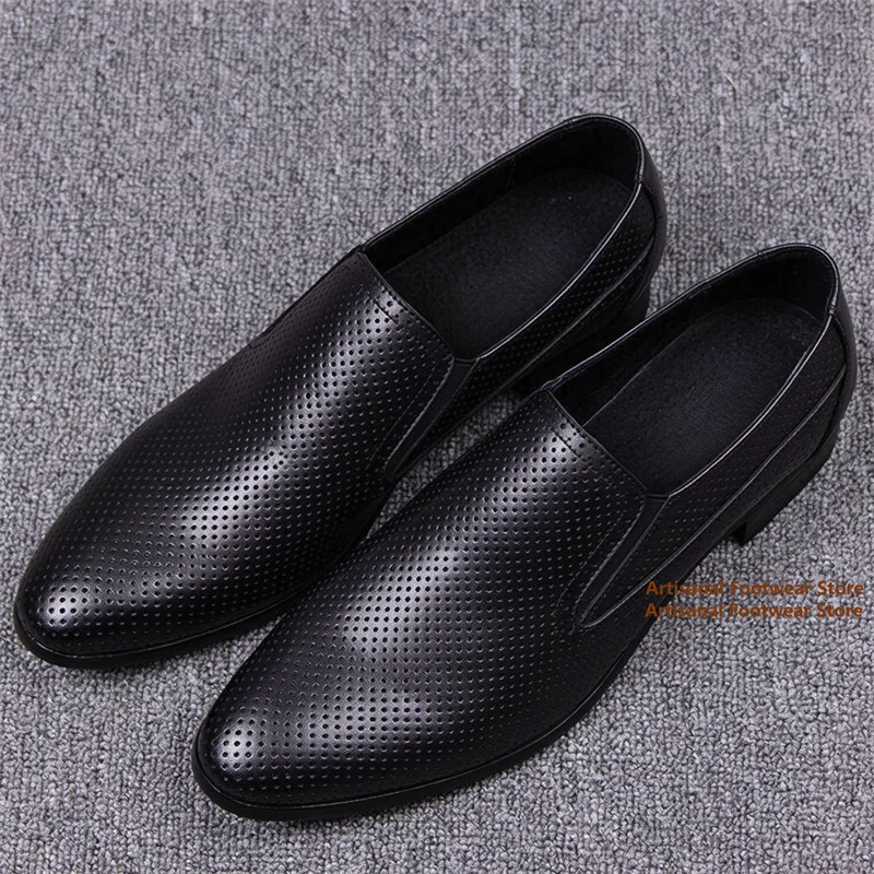 Men's Perforated Leather Slip On Dress Shoes Breathable Hollow Out Business Loafers Low Block Heel Formal Office Shoes for Men
