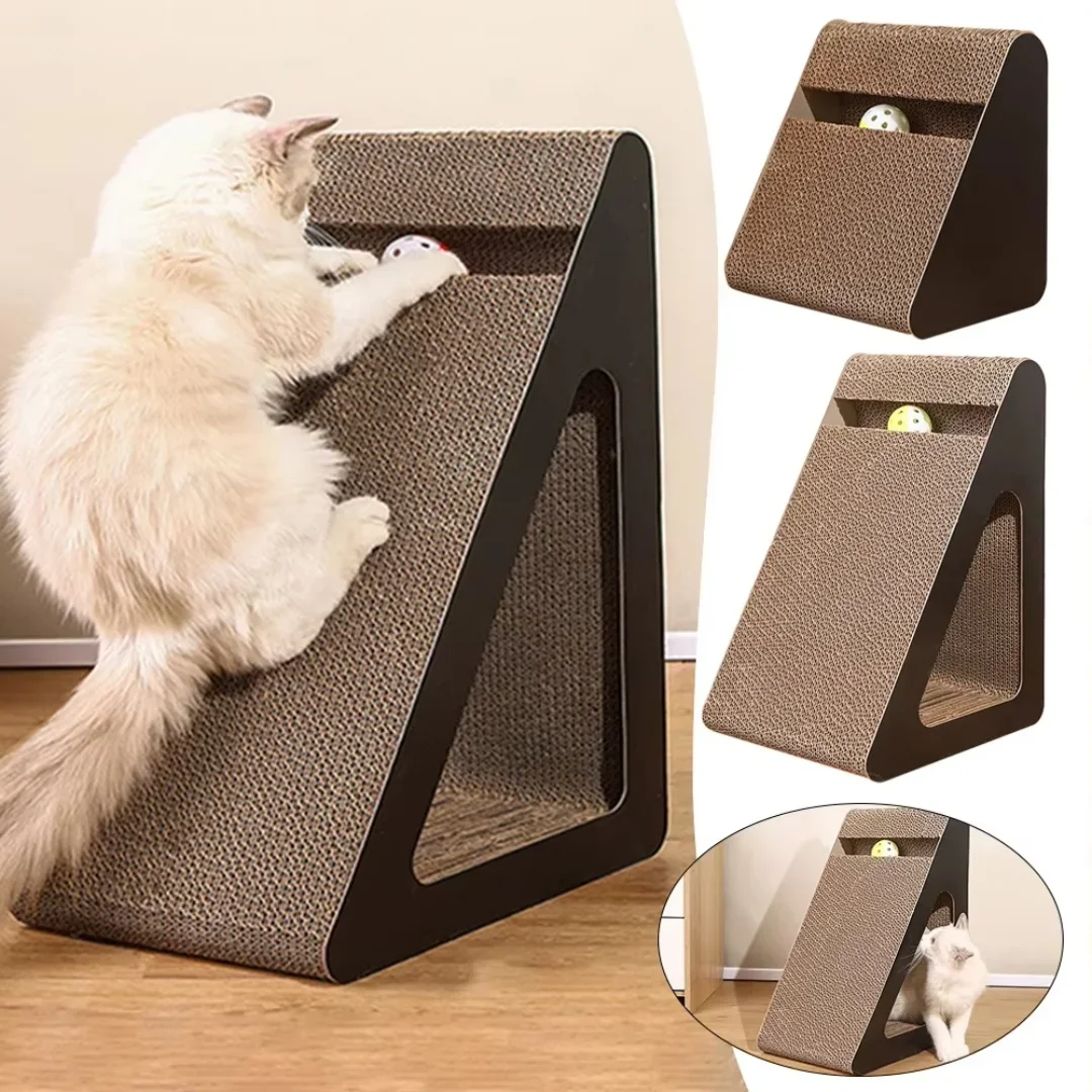 Cat Scratching Cardboard Black Triangle Kitten Scratcher With Spinning Ball Large Kitty Scratching Post Cat Claw Sharpener