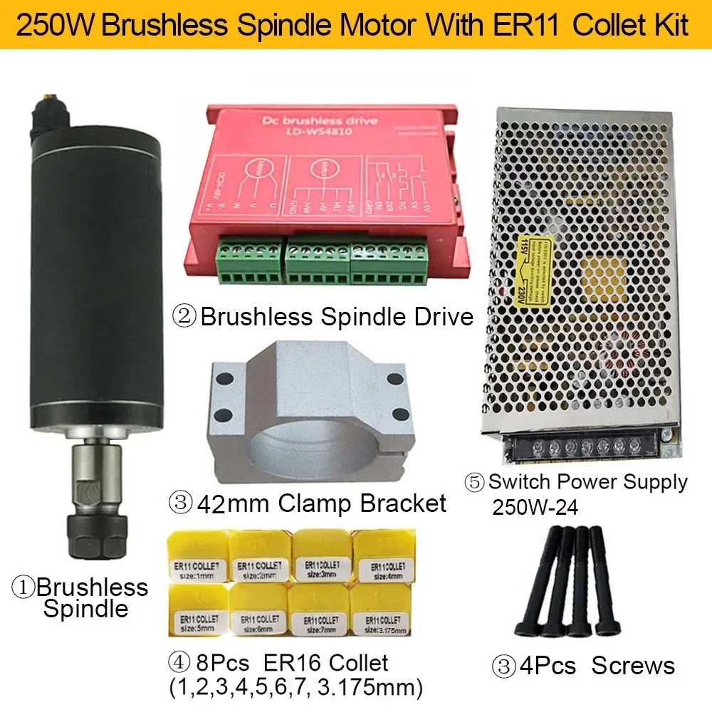 250W CNC Brushless Spindle 0.25Nm 24V 12000RPM With Hall Sensor ER11 Collet 42mm Clamp Bracket Power Supply for Cnc Router