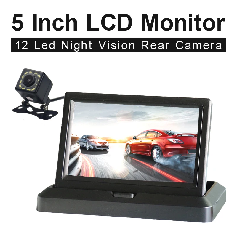 5,0-Zoll-Farb-HD-CCD-Auto-Display, 5 Zoll, faltbar, neuer digitaler 2-Kanal-Videoeingang, DVD-Player, DC 12/24 V und 12 LED-Rückfahrkamera