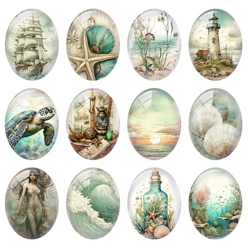 Random Mixed Round/Oval/Square Green Blue Nautical Ocean Retro Photo Glass Cabochon Flatback Demo Cameo For Diy Jewelry Making