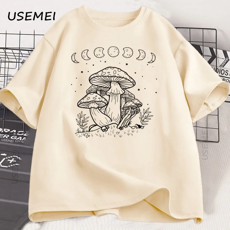 Moon Phases and Mushrooms T-shirt for Men Women Magical Celestial Fungi T Shirt Cottagecore Mushroom Printed Tshirt Streetwear