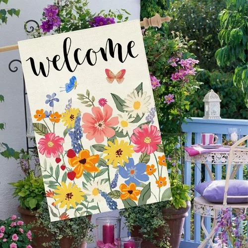 Spring Summer Welcome House Flag Double Sided 28x40 Inch Burlap,Floral Butter... PPZ