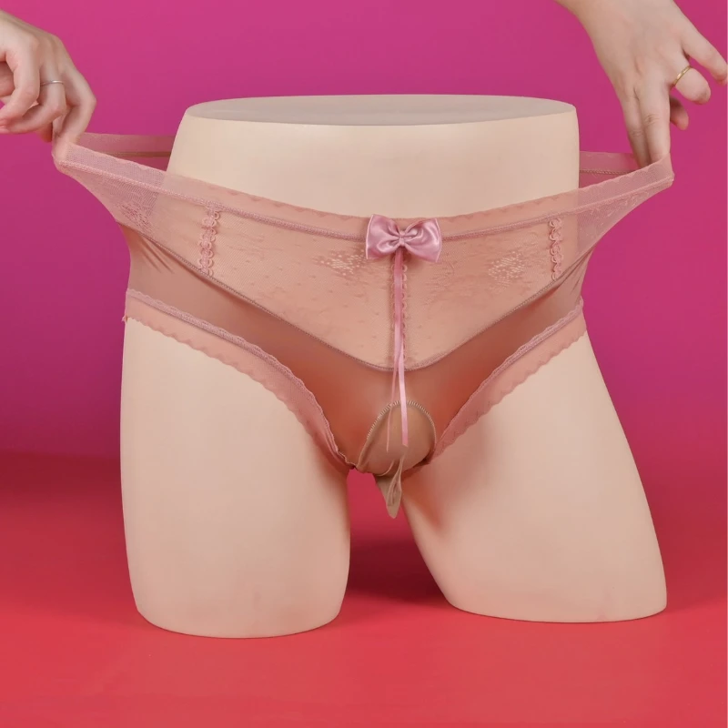 

Men Sexy Briefs Glossy Cock Pouch Gay Men Panties Breathable Ice Silk Underwear Lace Sheer Underpants Lacework Bow Sissy Brief