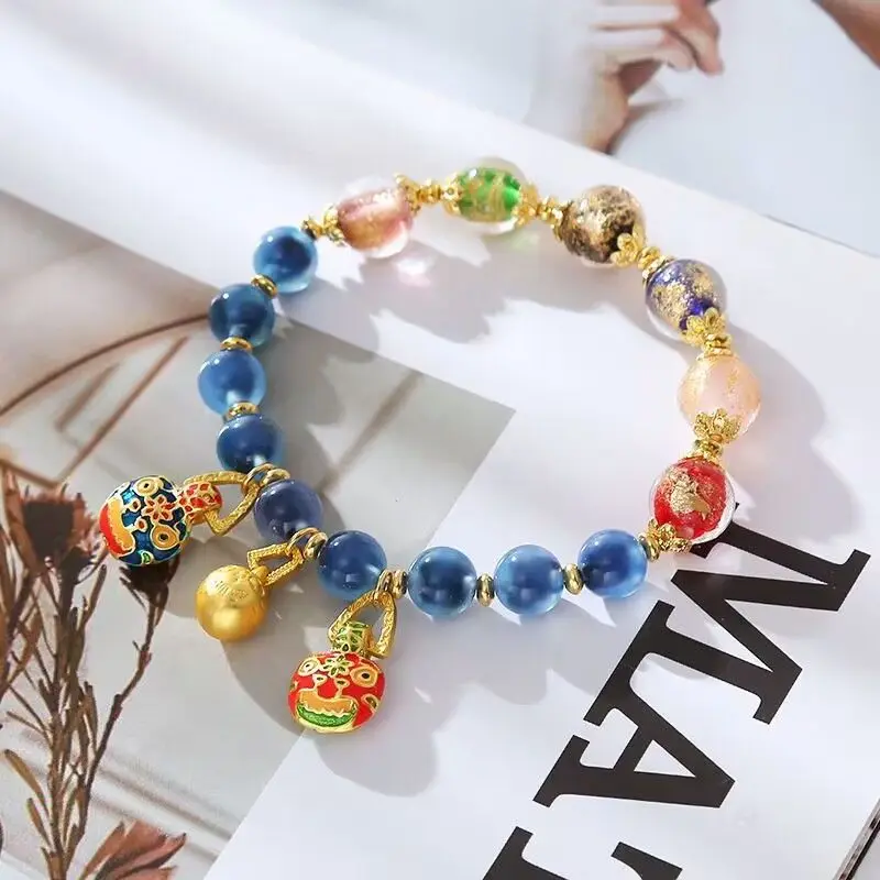 

Браслет Duobao из золотой фольги, глазурь, синий сахар, сердце, агат, с золотым глотающим зверем, счастливая бусина, этнический стиль, милая ручная веревка для девочек