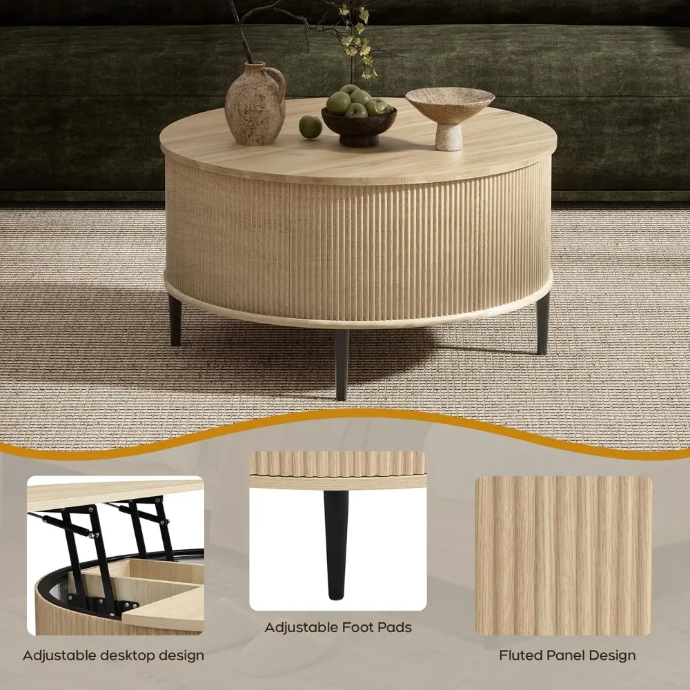 Round Coffee Table with Storage, 31.5 Lift top Coffee Table，Fluted Modern Wooden Center Table for Living Room, Small Spac