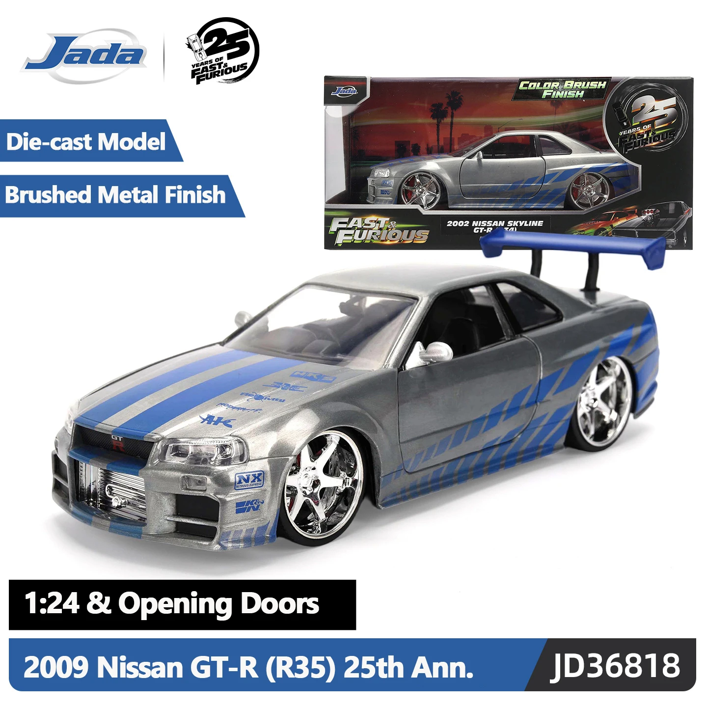 JADA 1:24 25th Anniversary The Fast and the Furious 2009 Nissan GT-R (R35) Ben Sopra (Bare Metal w/ Blue Clear Coat) JD36818