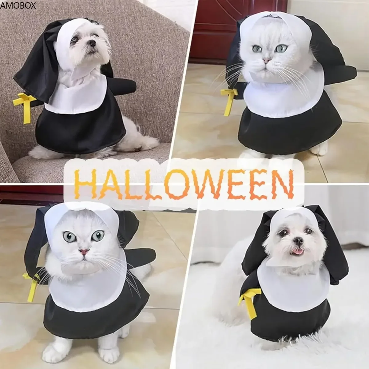 ATUBAN Nun Dog Halloween Costume - Halloween Party Pet Clothes Set Cat Nun Cosplay Costume for Cats Puppies and Small Dogs