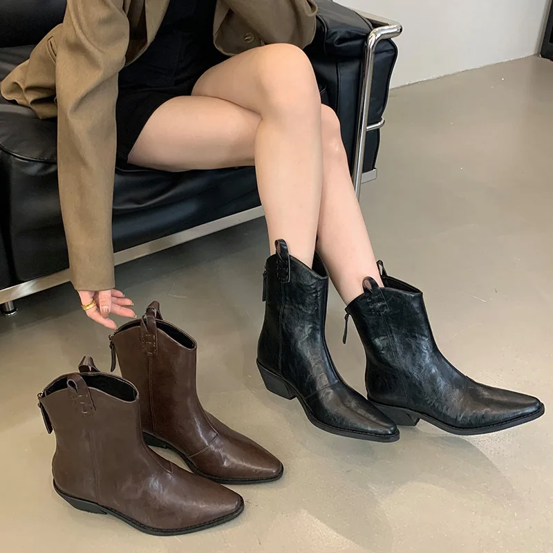 Alionly 2024 New Minimalist Knight Boots Thick Heel Pointed Short Boots Versatile Denim Boots Solid Color Back Zipper Boots