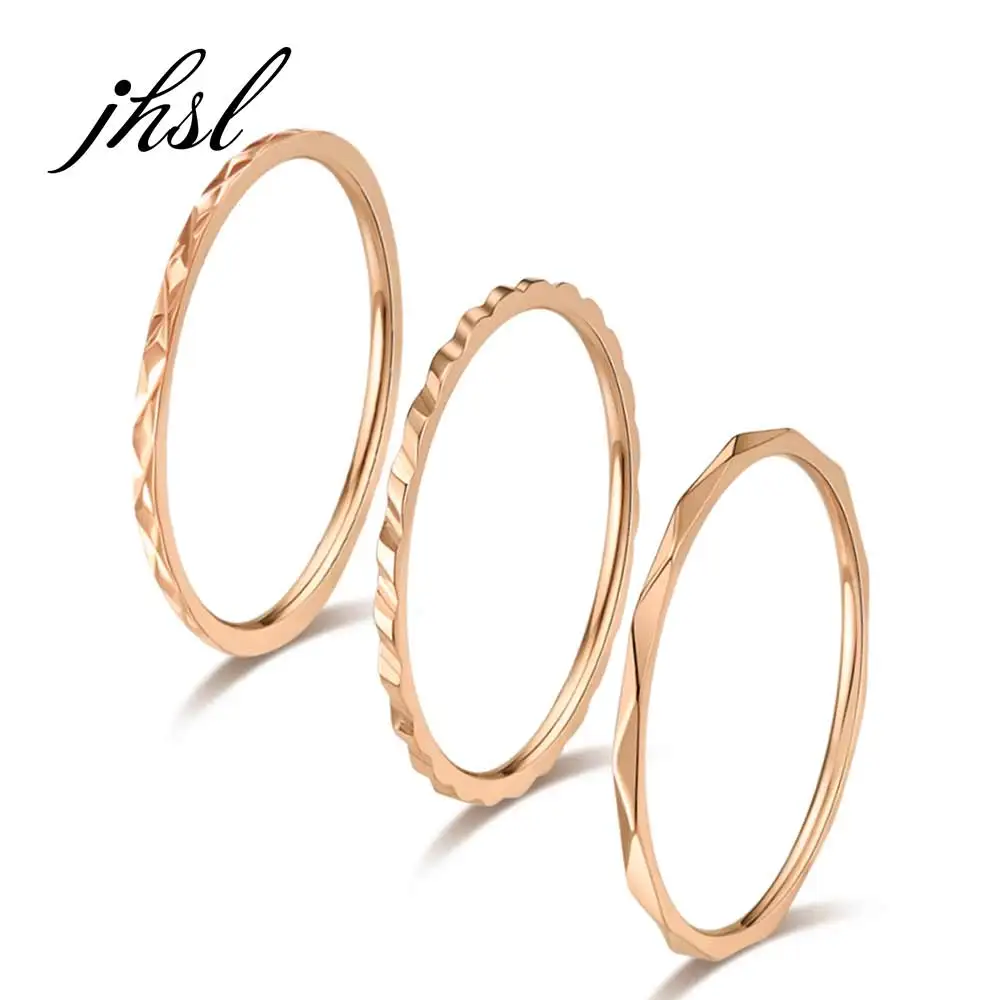 Pack of 3 Simple 1mm Stainless Steel Women Statement Rings Silver Rose Gold Color Trendy Fashion Jewelry US Size 5 6 7 8 9 10