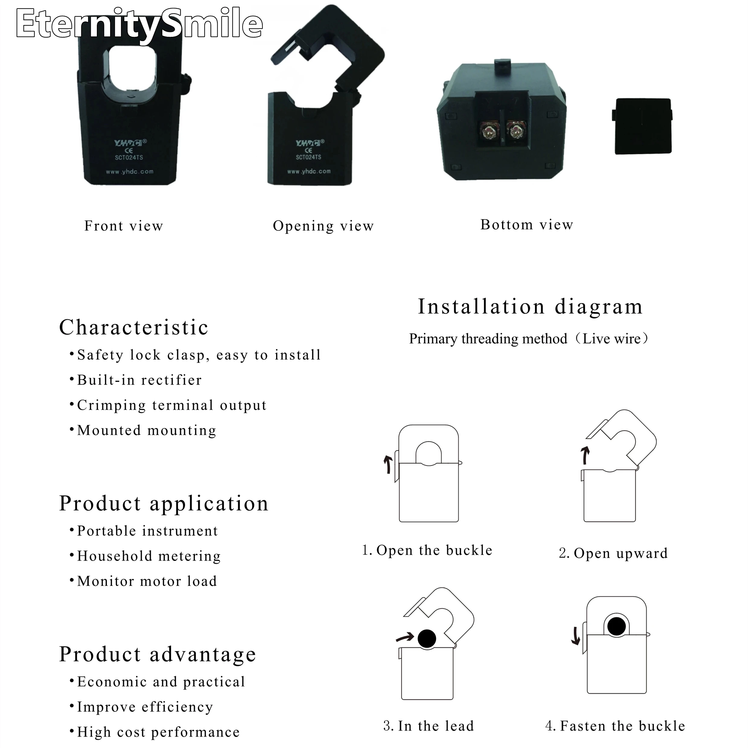 Split Core Current Transformer SCT024TS-D Rated Input 100A,150A,200A,250A,300A Output 1V/3V/5V DC 50-60HZ 2%