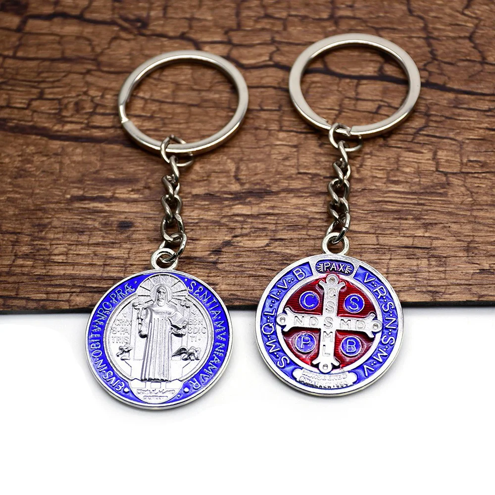 Blue Enamel Metal Saint Benedict Pendant Key Chain Religious Jewelry Key Ring