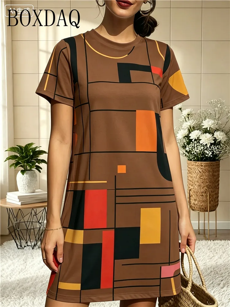 Summer women's elegant loose geometric abstract design printed round neck short sleeved dress 2026