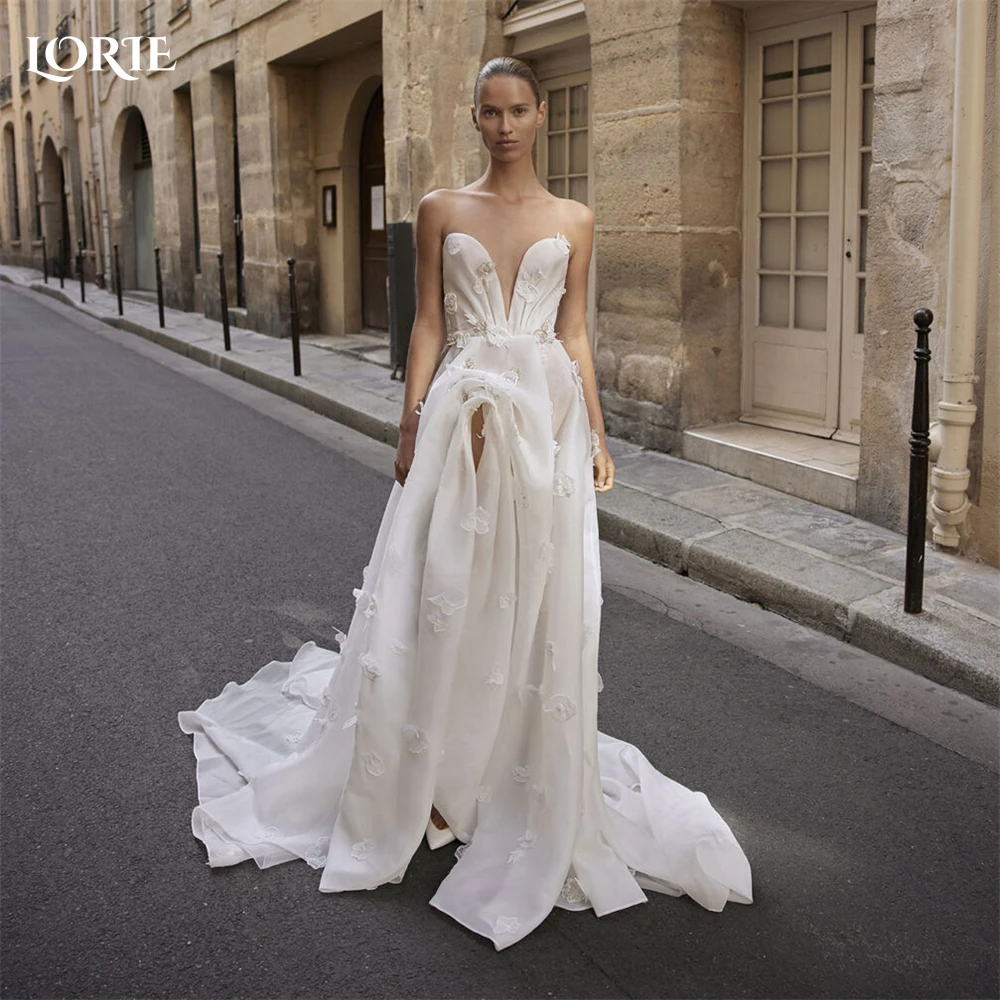 

LORIE Bohemia Lace Wedding Dresses 3D Flowers A-Line Deep V-Neck Pleated Side Slit Bridal Gowns Backless Princess Bride Dress