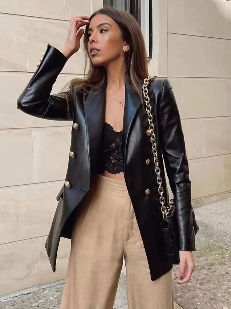 Office Ladies Faux Leather Jacket Versatile Fashion Commuting Coat Solid Turn Down Collar Long Sleeves Slim Fit Women Streetwear