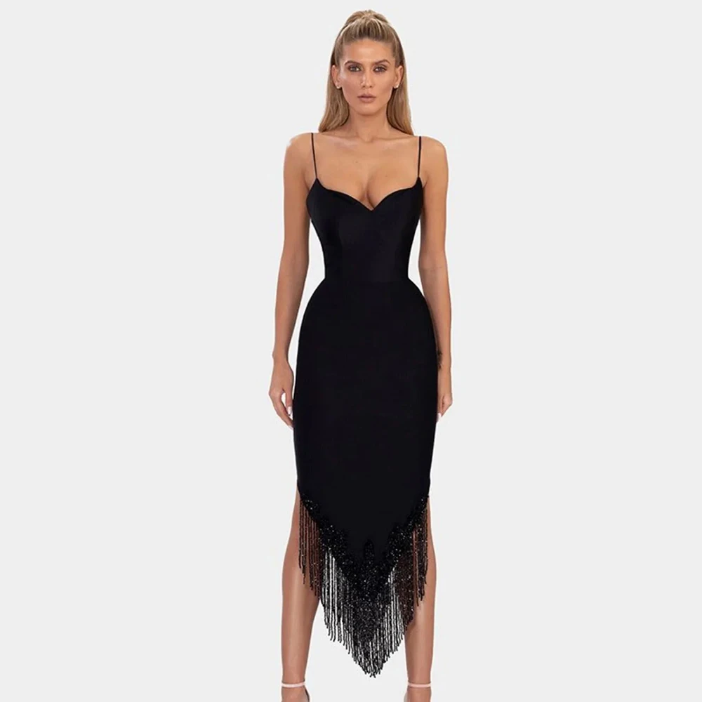 

Boho Bohemian Sexy Cocktail Dresses Black Satin Beading Column Spaghetti strap Mid Calf Dresses Long Beaded Cocktail Gowns