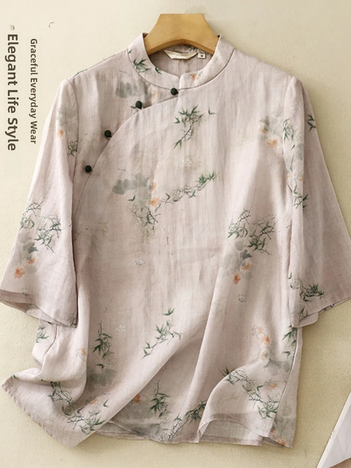 

New Chinese Style Women's Retro Print Shirt Summer Loose Fit Stand Collar Zen Tea Costume Cotton Linen Top