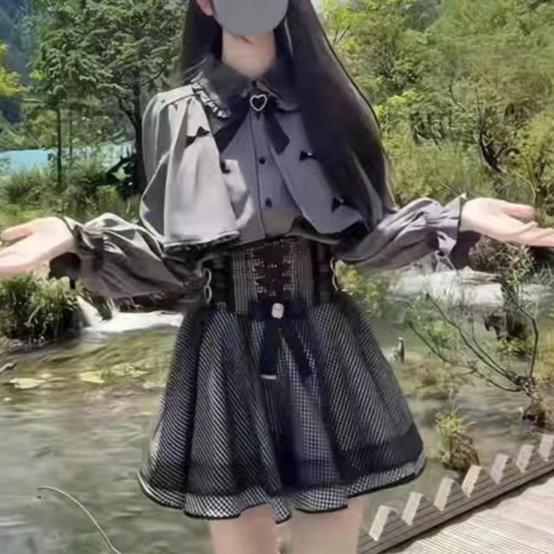 Japanese Gothic Lolita Style Skirt Set Women Sweet Bow Long Sleeves Cloak Shirts Plaid Mini Cake Skirts Korean Harajuku Y2k Suit view 5