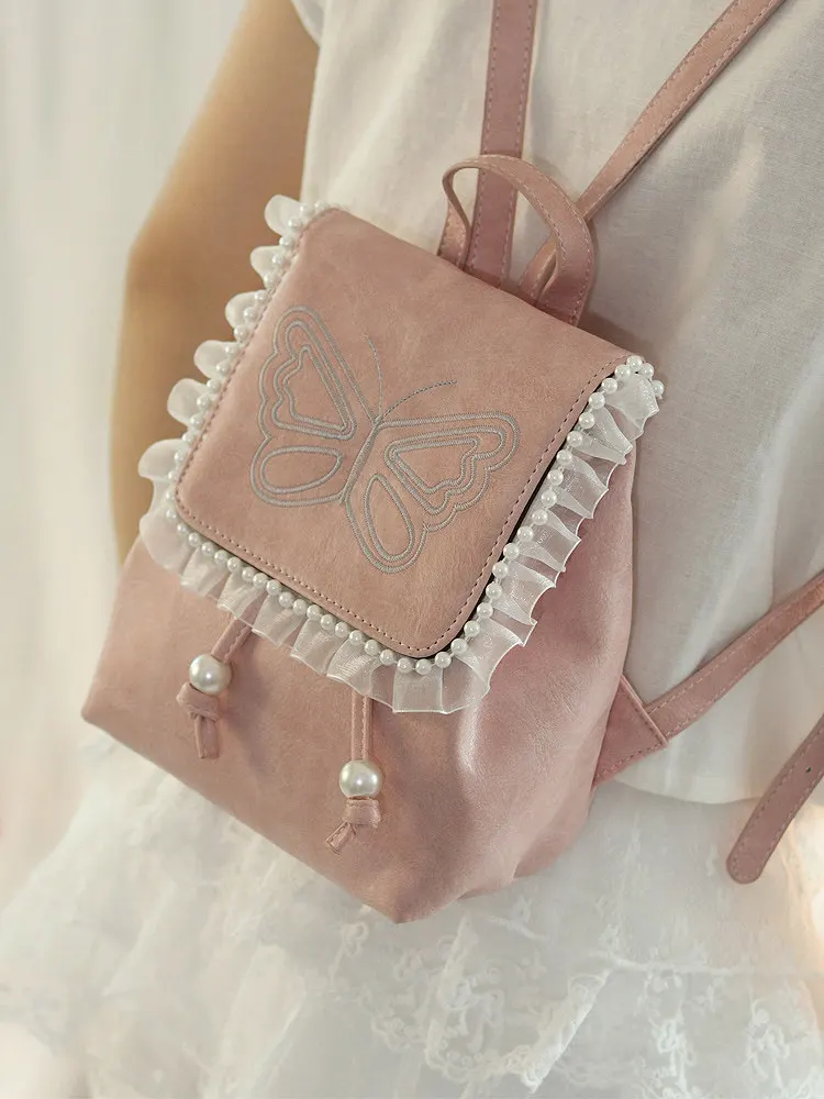 Korean Style Fashionable Sweet Women's Bag Pink Butterfly Embroidery Soft Leather Backpack Pearl Pleated Edge Crossbody Bag