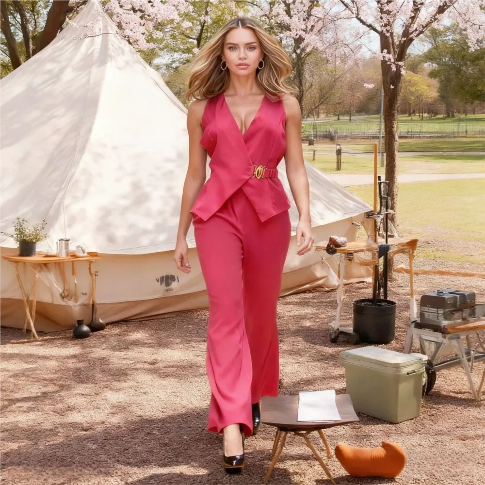 

Модный жилет с металлической пряжкой на талии, женские брюки, комплект из 2 предметов, весна-лето, новые повседневные прямые брюки с v-образным вырезом, облегающий женский костюм