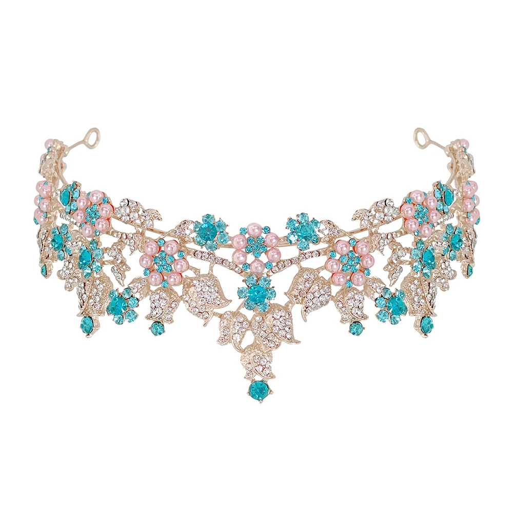 

Crown Tiara Bridal Wedding Party Headpiece Sky Blue Rhinestone Women Princess Bride Roses Accessories Hair Styling