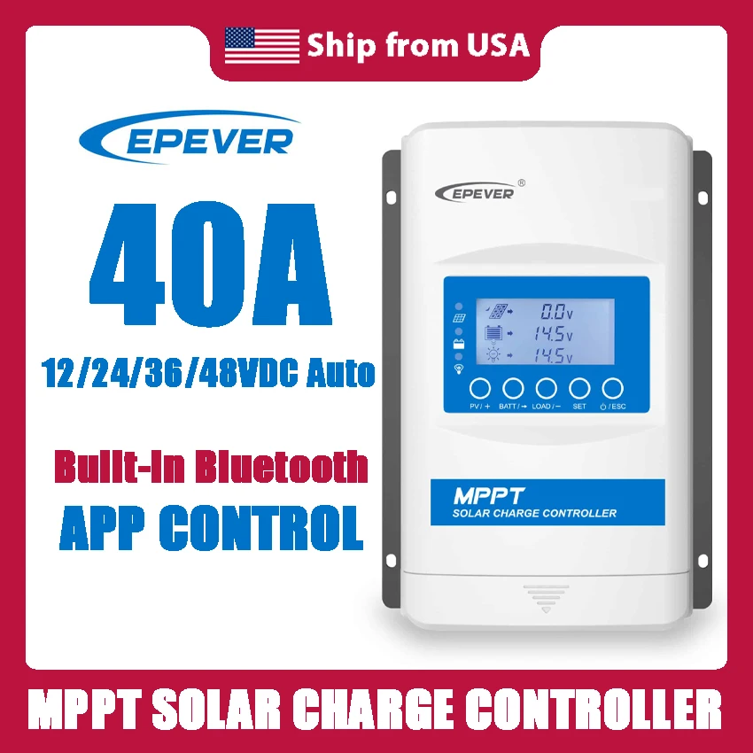 

EPEVER 40A MPPT Solar Charge Controller DC 12/24/36/48V Support Lithium No Battery PV Panel 150V Inside Bluetooth Phone APP