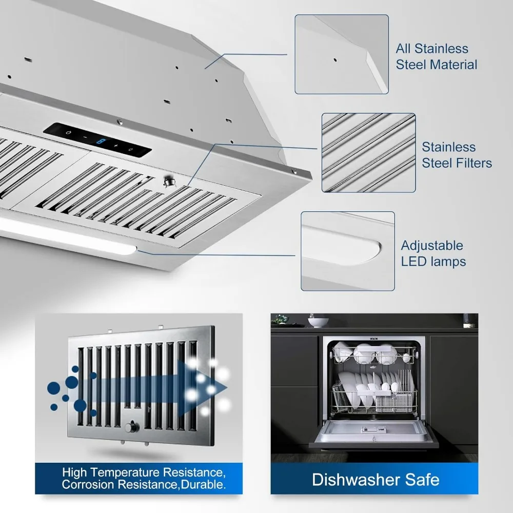 Afzuigkap Invoegen 30 Inch 900 Cfm Met 9 Speed Ventilator, Handige Gebaar Touch Control, Etl Vermeld, 3W Led Lichtstrip