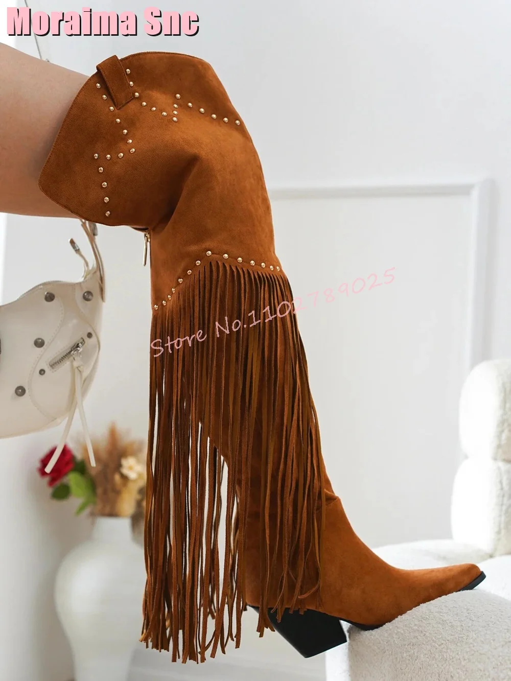 Fringe Pointed Toe Rivet Thigh High Boots Block Chunky Heel Suede Leather Back Zipper Brown Solid Sexy Women Long Boots Fashion