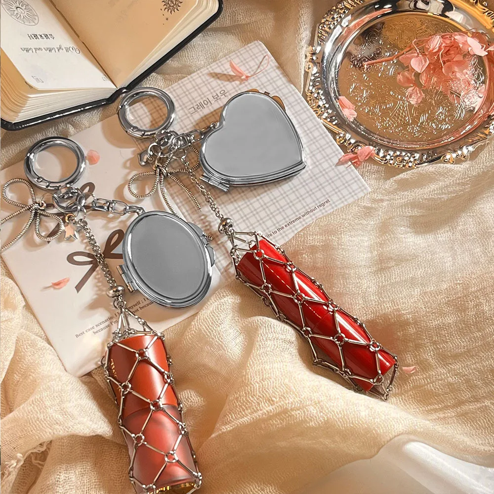 

Quality Sweet Pull Out Silver Mesh Keychain Key Ring Chain Chains Pendant Storage Lipstick Hand Cream Women's Bag Charm Gift
