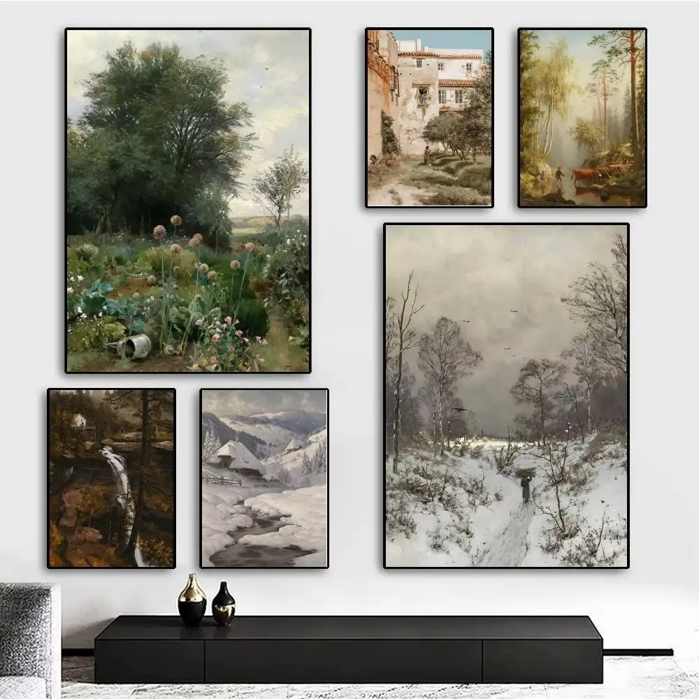 Autumn Rural Farmhouse Forest Mountain River Landscape Retro Poster Sticker Print Waterproof Wall Art For Living Room Home Decor