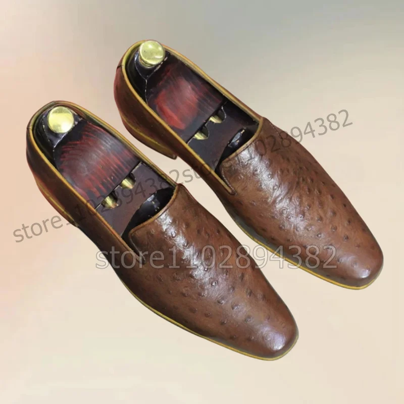 Brown Ostrich Print Low Top Men Loafers Fashion Slip On Men Shoes Luxury Comfort Handmade Party Banquet Office Men Dress Shoes