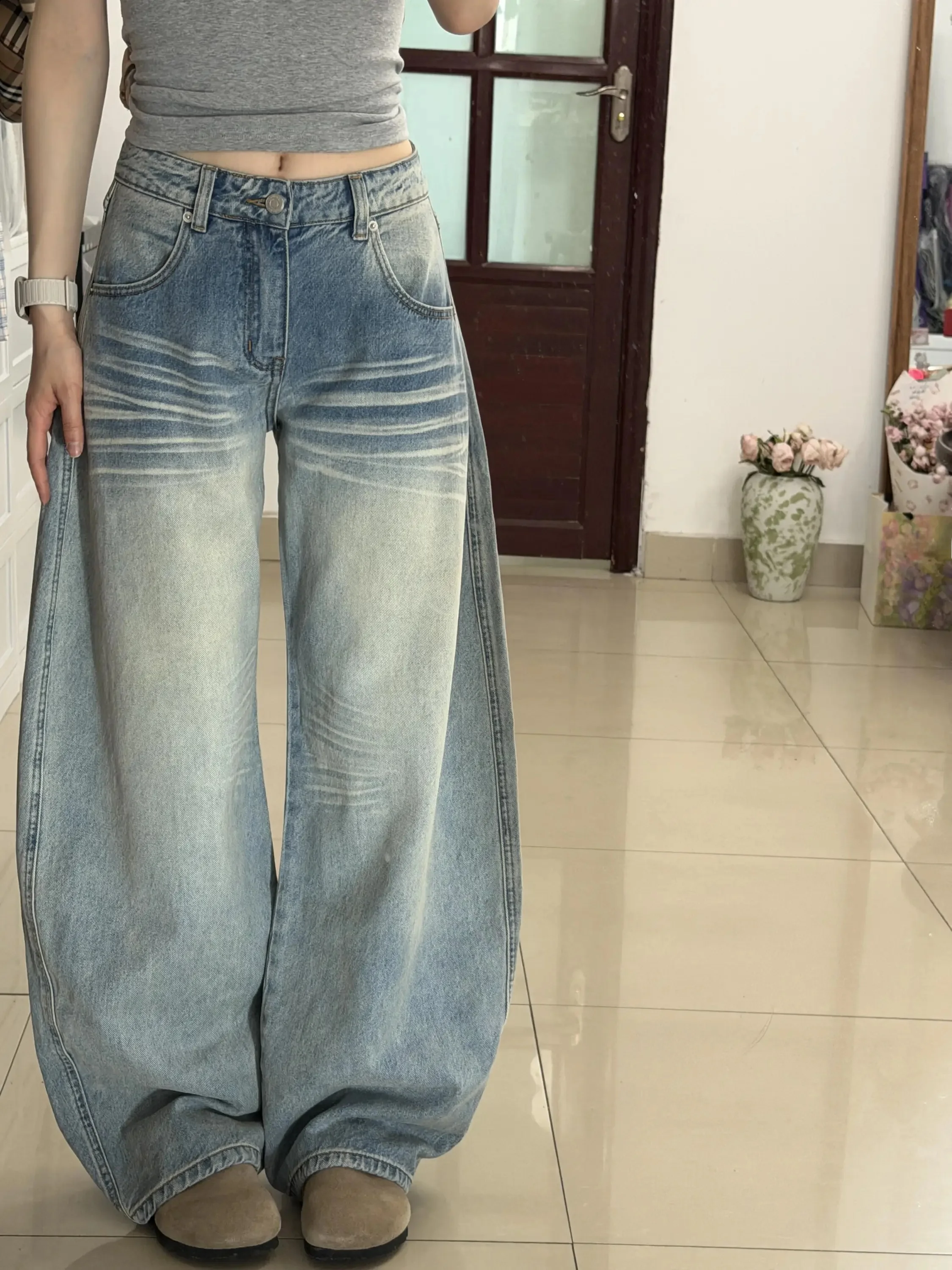 

Retro Washed Knife Jeans Women's Summer New Design Loose Straight Wide Leg Floor Length Scythe Pants Casual High Waist W...