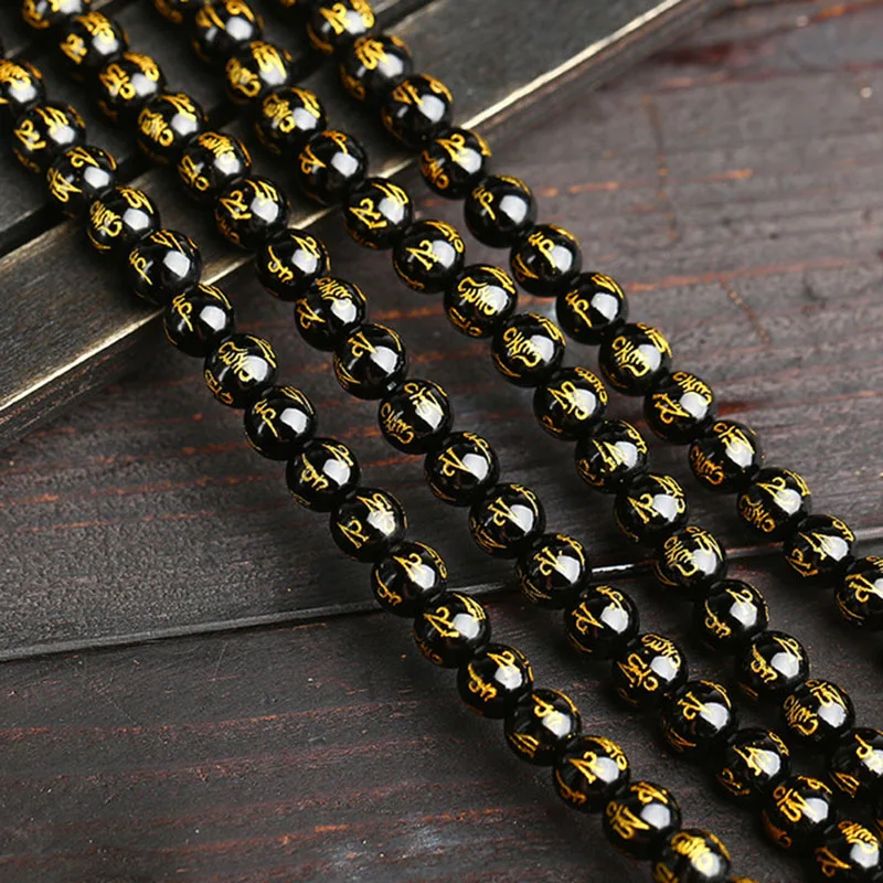 Diffone 6/8/10/12mm Natural Obsidian Stone For Jewelry Making Buddhist Scriptures Black Smooth Loose Beads DIY Bracelet Necklace