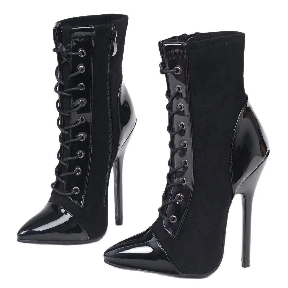 IN STOCK Ankle Boots 14CM High Heel Pointed toe Cross-tied Women Sexy BDSM Shoes Big Size 36-46