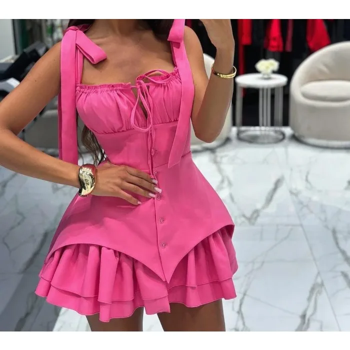 Zomer Slanke Roze Damesjurk 2025, Mode Band Mouwloze Mini-jurken Elegante Klassieke Kant-Up Geplooide Vrouwelijke Korte Rokken