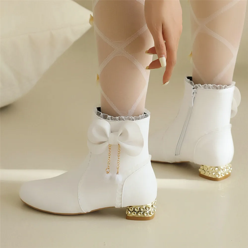 2023 New Winter Women Boots Girls Booties Thick Heel Low-heel Short Boots Side Zippe Bow Botas Mujer Shoes 31-43Pink White Beige