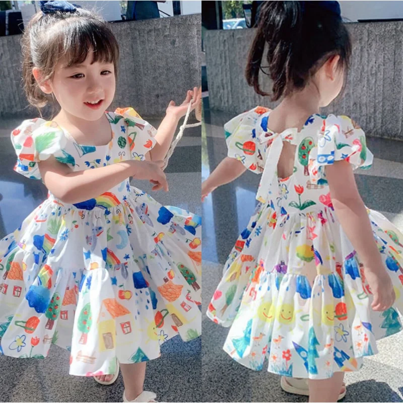 

Summer Girls' Colorful Cartoon Graffiti Dress Puff Short Sleeve Princess Dress