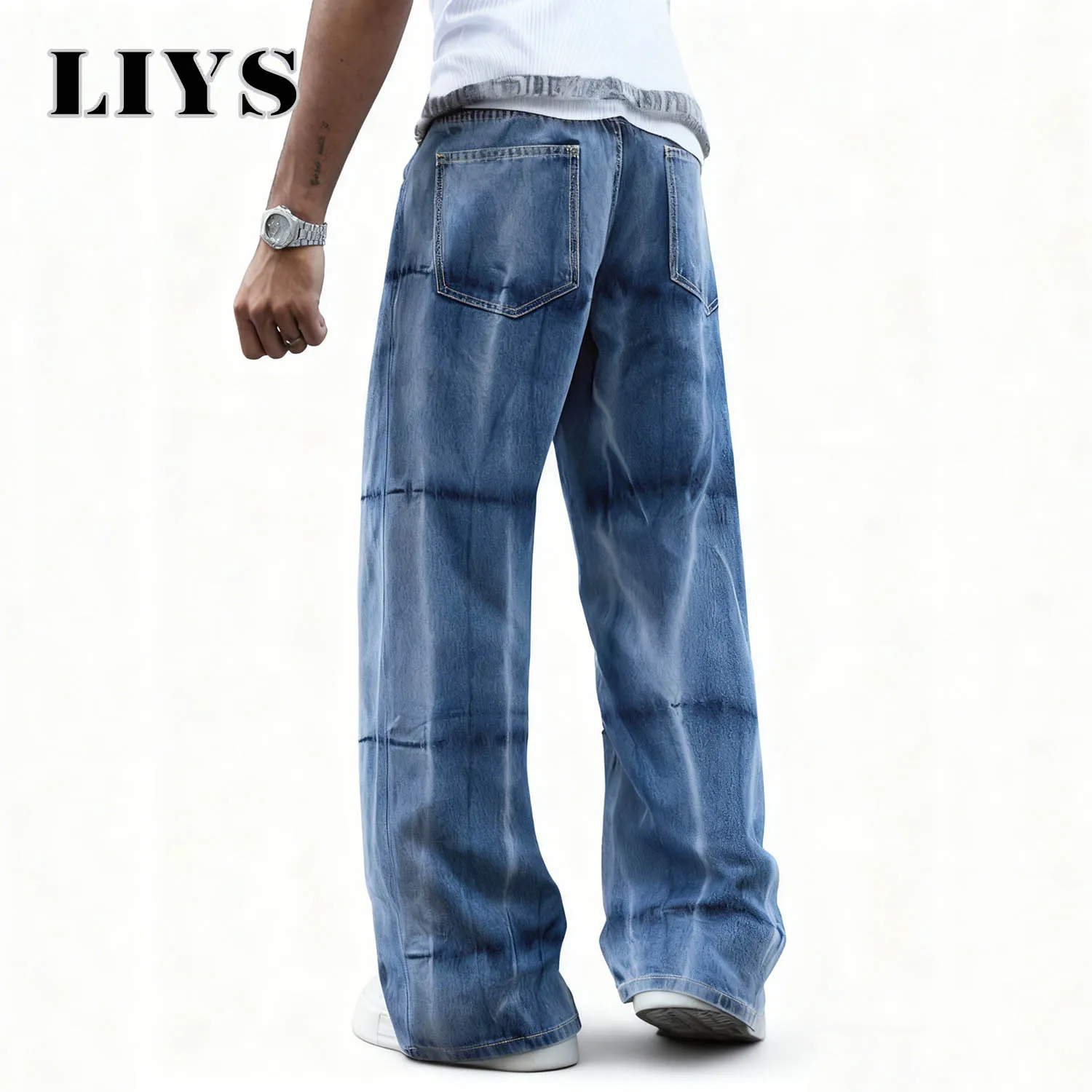 Men's American Blue Casual Baggy Wide Leg Jeans High Street Korean Edition Y2K Personalized Design Denim Pants Unisex Clothes
