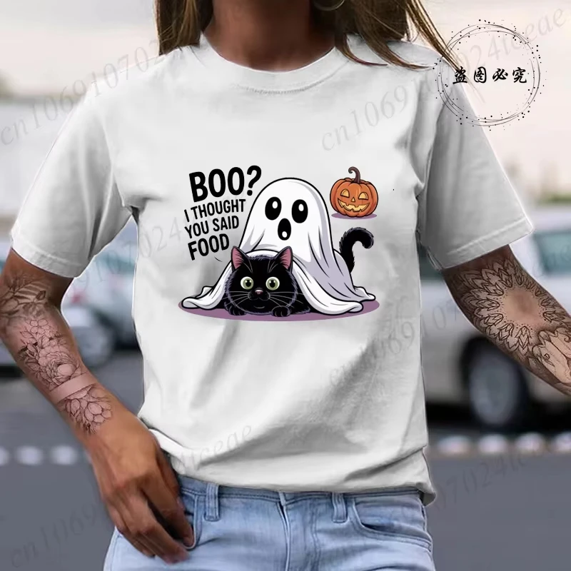 

Summer Witch Cat Halloween T-Shirt Men Women Funny Spooky Graphic Cotton Short Sleeve Casual Trendy Streetwear