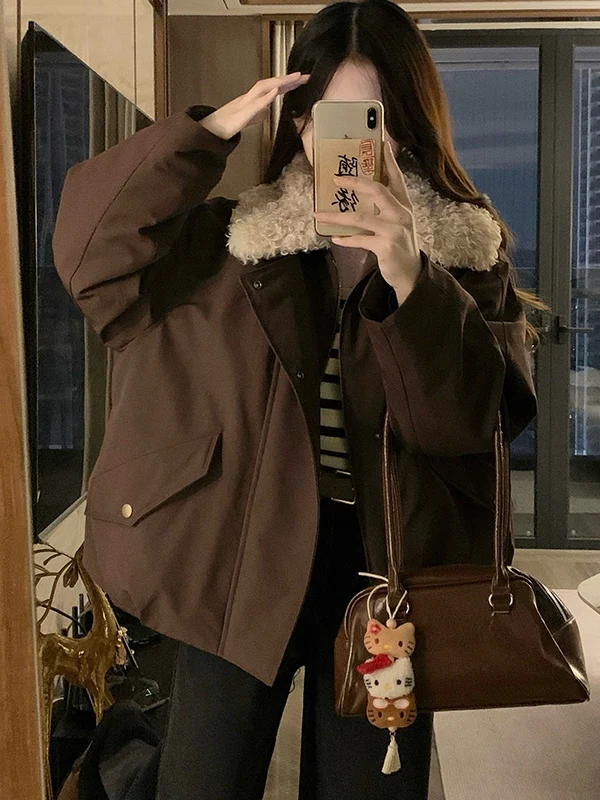 

Retro American Lamb Fur Collar Parka Women's Cotton Jaet Couples Sle Fall Winter New Model Thiened Cotton Motorcycle Coat