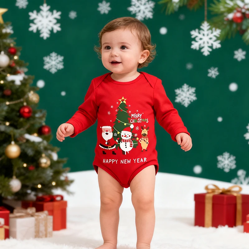 

2025 New Christmas Costume Newborn Baby Boys Girls Bodysuits Cotton Cartoon Print New Year Toddler Baby Boys Girl Jumpsuit