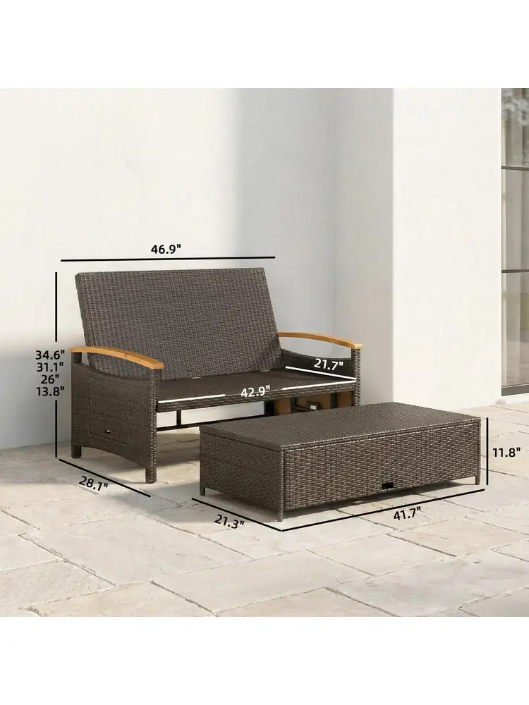 Outsunny Rattan Outdoor Daybed w/4-Level Adjustable Backrest, Patio Sofa Bed w/Storage Ottoman, Acacia Wood Armrest, Mixed Gray