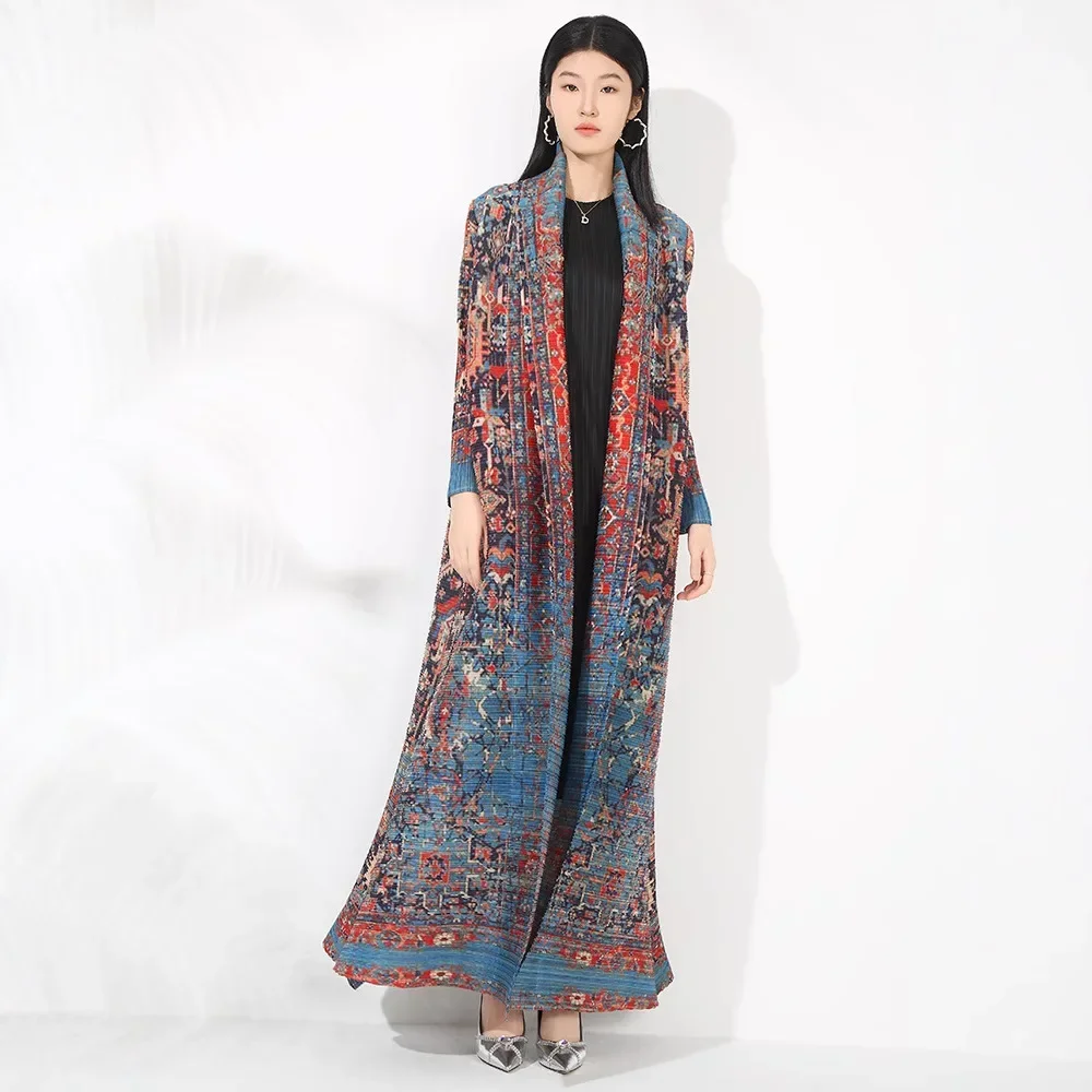 Miyake Pleated Vintage Printed Turn-down Collar Long Sleeve Long Jacket Women Designer Abaya New Dubai Fashion Plus Size Coats