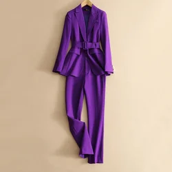 Suit Set Women Office Ladies Women's Pantsuit Purple Business Classic with Belt Blazer Straight Pants  Two Piece Formal Suits