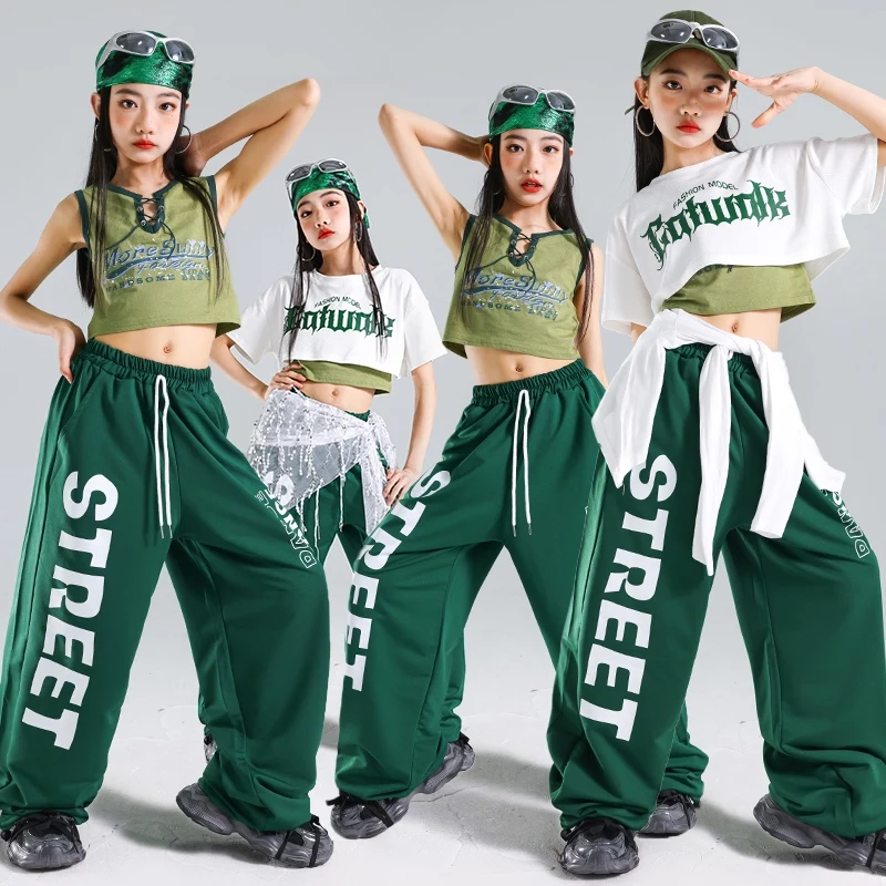 Abbigliamento da ballo jazz Ragazze Hip Hop Costumi di danza di strada Crop Top Shuffle Pantaloni Bianco Verde Abito alla moda Kpop Stage Outfit AMY1947