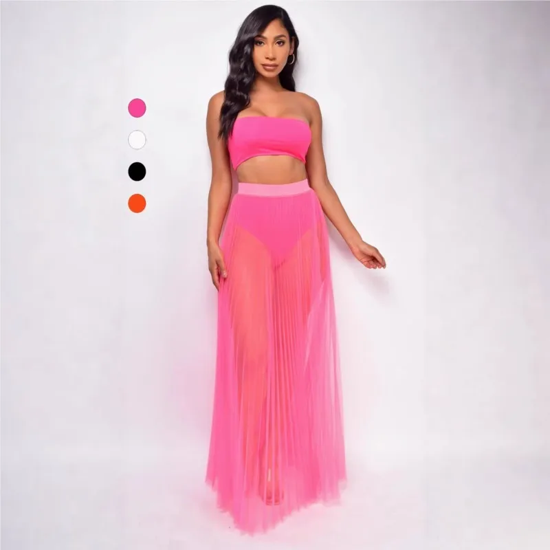 Summer Elegant Solid Casual Holiday Party Woman 3 Piece Set Outfit Fashion Sexy Mesh Long Skirt Chest-wrapped Three-piece Suit
