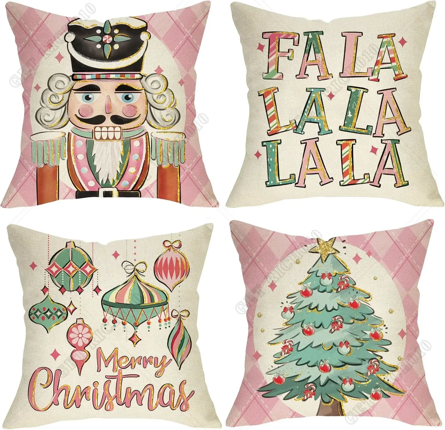 

Merry Christmas Tree Nutcracker Decorative Throw Pillow Covers 18x18 in 4pcs Pink Xmas FA La La Porch Outdoor Home Decor